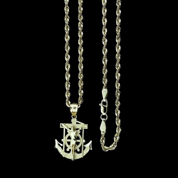 10K Real Gold Rope Chain and Anchor Cross Pendant Set - Picture 1 of 11